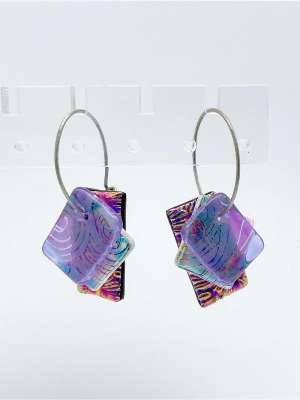Handmade Iridescent Purple Glass Dangle Hoop Earrings